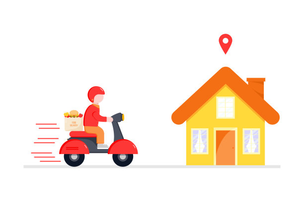 网上购物，外卖。图标快递，送货到家。安全送货的理念，由红色小摩托车、轻便摩托车、摩托车组成。平的风格图片下载