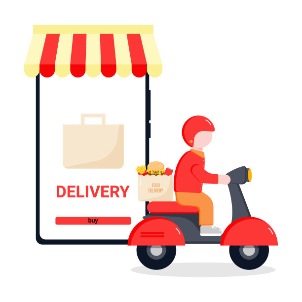 网上购物，外卖。图标快递，送货到家。摩托车快递服务，男快递员骑摩托车，包裹在盒子里。带应用程序的手机。图片下载