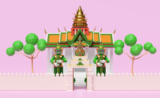 3d泰国寺庙墙，城堡与巨大的看门人，树孤立在粉红色的背景。3d渲染插图，剪切路径图片下载