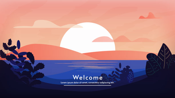 傍晚或早晨与日出或日落与海或海洋与山。矢量景观背景插图。平面2D卡通风格插图。树叶和森林的剪影。图片下载