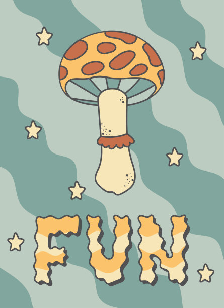 致幻剂蘑菇蝇木耳和刻字乐趣。矢量复古Groovy横幅，嬉皮士文化。图片下载