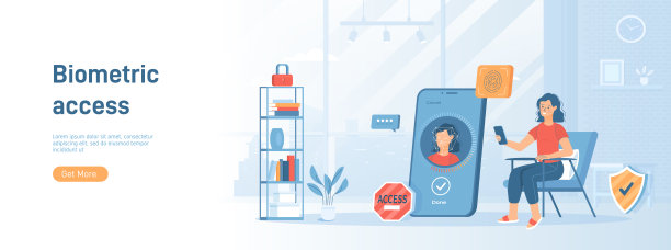 生物识别门禁，个人验证。身份识别采用指纹匹配，人脸识别。平面概念非常适合社交媒体宣传材料。白色背景的网站横幅图片下载