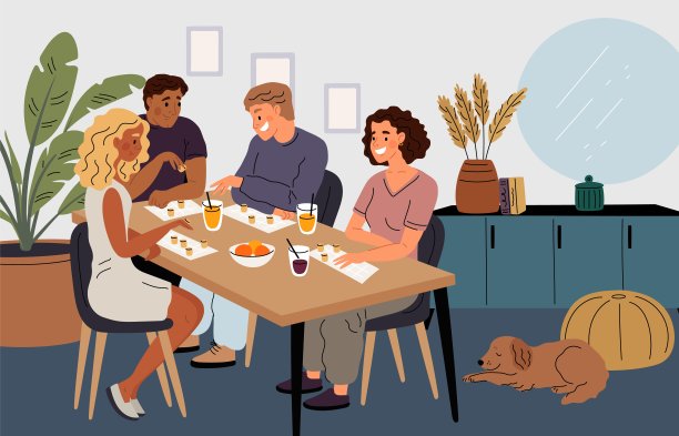 成年朋友在大厅里玩乐透。棋盘游戏。组织娱乐活动。卡通玩家在卡片上填上数字。室内娱乐活动。男人和女人坐在桌子旁。格里什矢量概念图片下载