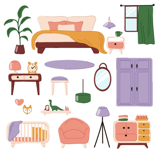 卧室家具设置在平面风格。独立集卡通家具床、衣柜、扶手椅、台灯。儿童房间家具。图片下载