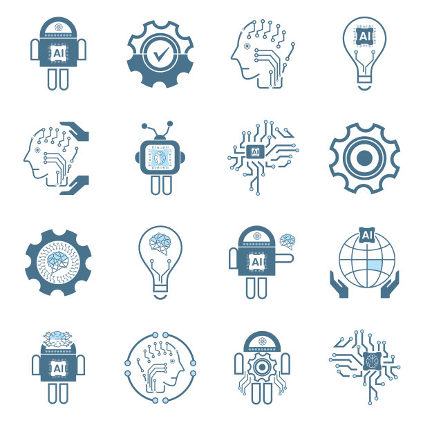 一套16个AI图标，符号。组人工智能线条图标技术概念，以及控制论、人工智能、矢量技术、插画设计图片下载