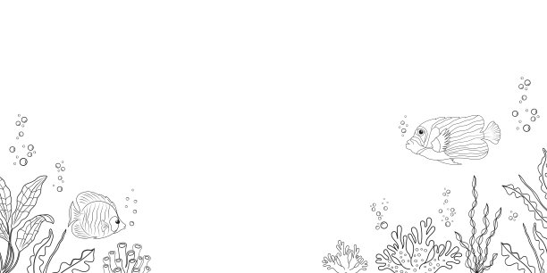 与藻类和鱼类接壤。航海涂鸦背景。海底草图。海洋框架。图片下载