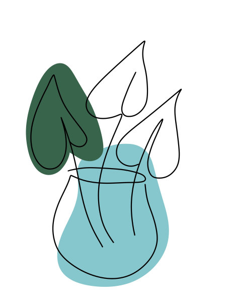 花束的三线艺术叶片在花瓶与彩色污渍在背景孤立的白色图片下载