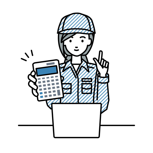 一位蓝领女性在笔记本电脑前微笑着推荐、提议、展示估算并指着计算器图片下载