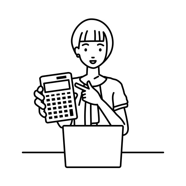一个工作风格随意的女人，在笔记本电脑前微笑着推荐、提议、展示估算和指着计算器图片下载