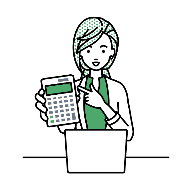 一个穿着工作服风格的女人在笔记本电脑前微笑着推荐、提议、展示估算并指着计算器图片下载