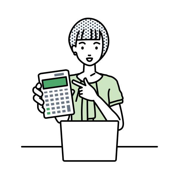 一个工作风格随意的女人，在笔记本电脑前微笑着推荐、提议、展示估算和指着计算器图片下载