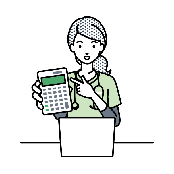 一位护士在笔记本电脑前微笑着推荐、提议、展示估算并指着计算器图片下载