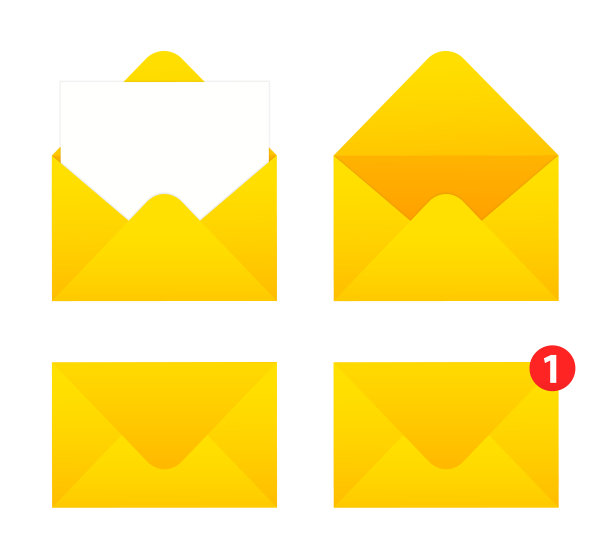 信件信封与纸质文件。一个打开和关闭的信封，里面有一张卡片。关闭后，打开带有邮件信息的信封。设置邮箱矢量图标在平面样式。矢量图图片下载