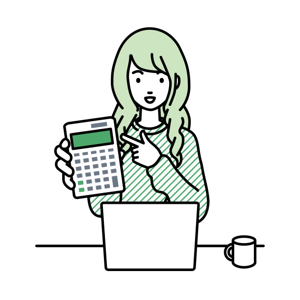 一个穿着休闲风格的女人在笔记本电脑前微笑着推荐、求婚、展示和指着计算器图片下载