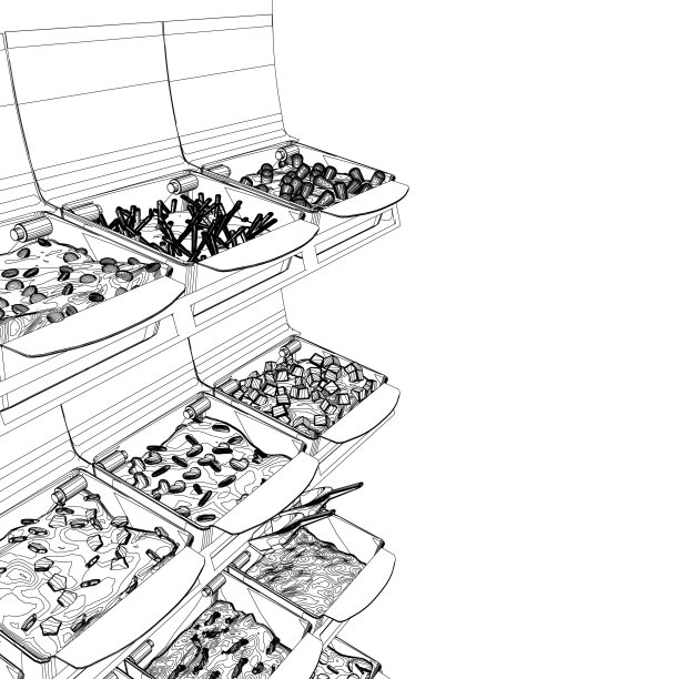 勾勒出杂货店柜台、超市橱窗和收银台的轮廓。杂货店顾客手推车和货架矢量插图。超市内部。带食品轮廓的货架图片下载