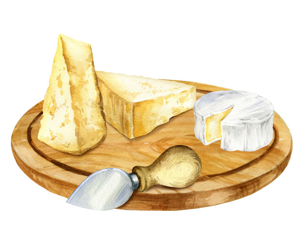 木制砧板上的水彩意大利奶酪片，一套意大利经典奶酪，手绘帕尔马干酪，布里干酪，卡门培尔干酪在白色背景上孤立的插图，意大利食品图片下载