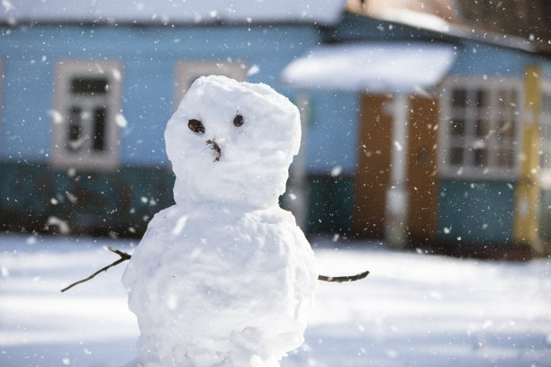 有趣的雪人，用树枝代替手臂和眼睛，背景是漫天飞舞的雪花。图片下载