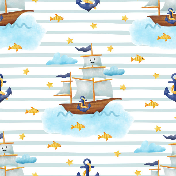 条纹无缝图案与可爱的帆船在波浪上。图片下载