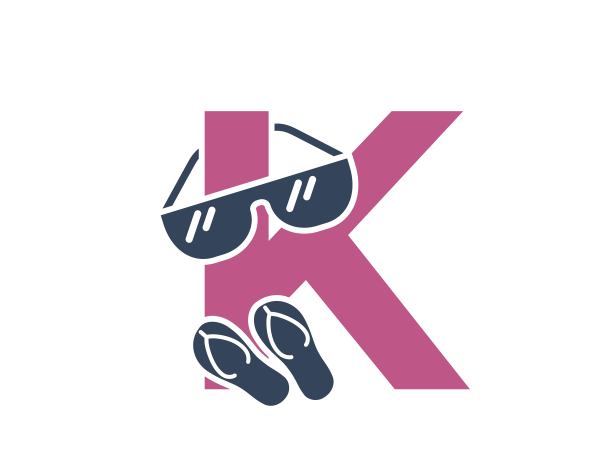 字母k戴着墨镜，穿着人字拖。创意假期字母标识。夏季旅游设计图片下载