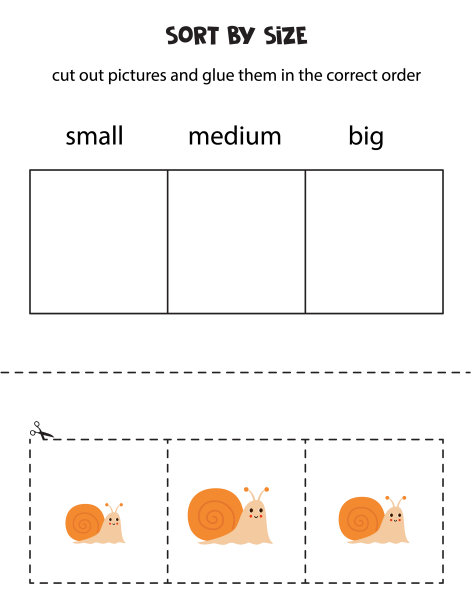 把可爱的蜗牛按大小分类。儿童教育工作表。图片下载
