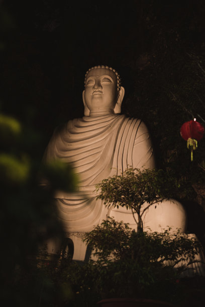 巨大的白色佛像在大理石山夜间-越南-岘港-黄色的花朵在前景-灯笼在背景图片下载