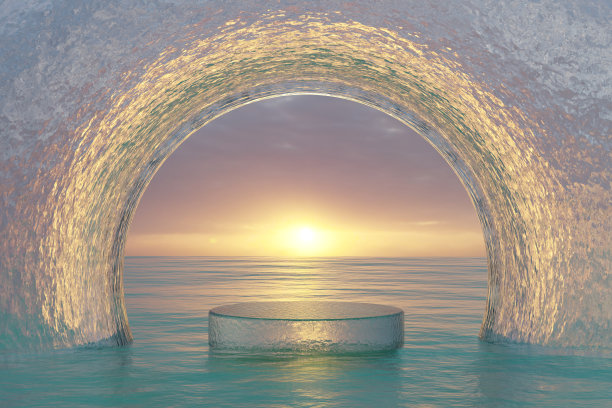 3d渲染冬季场景和自然背景，冰讲台上的海洋与冰拱背景天空和云彩日落的产品展示，广告，模型，化妆品或等图片下载