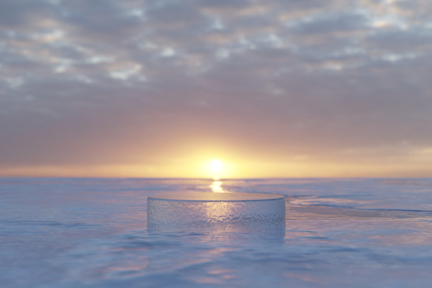 3d渲染冬季场景和自然背景，冰讲台在冰冻的海底背景天空和云彩在日落的产品展示，广告，模型，化妆品或等图片下载