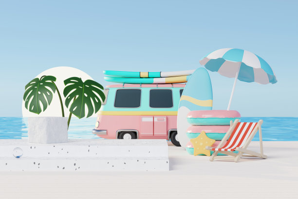 3D渲染暑假抽象产品展示，极简逼真展示讲台以蓝色海洋为背景概念，化妆品以热带夏日岛、雨伞、充气环为主。图片下载