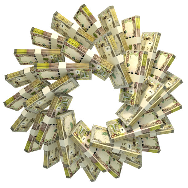 3d渲染成堆的伊拉克第纳尔排列成一个圆形图案。图片下载