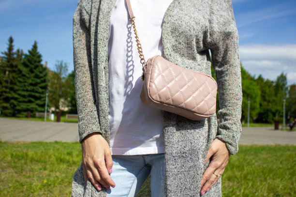 年轻女子拿着时髦的包，钱包，手包。街上的女人用链子拴着包。女士粉色手提包，钱包。图片下载