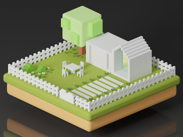 三维等距像素现代住宅与餐桌在花园黑色背景。图片下载