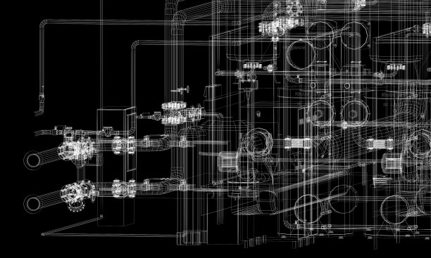 工厂内带管道的工业设备。3d渲染线框图片下载