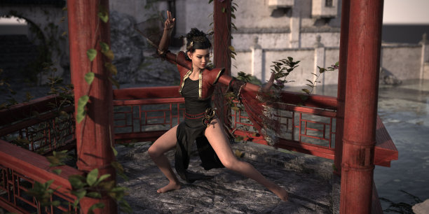 一个女人在被茂密的树叶包围的室外亭子里表演武术的3D渲染。图片下载