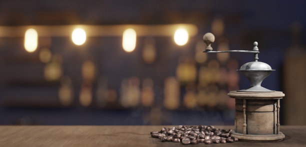 木桌子上的咖啡制作设备黑咖啡在一个复古杯意大利传统咖啡机木制背景3D插图图片下载