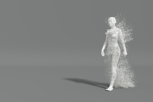 人工智能，深度学习，技术背景。用立方体形状的粒子溶解行走的人。图片下载