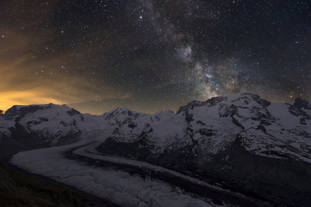 夜晚的罗莎山脉和戈尔纳冰川，天空中有银河——瑞士图片下载