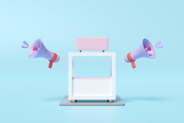 3d粉白色摊位商店图标或空零售商店前与商店标志，扩音器孤立的蓝色背景。启动特许经营，宣布促销新闻，3d渲染插图，剪辑路径图片下载