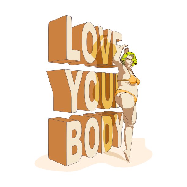 穿着内衣或泳衣的大码美女。身体积极的概念。放松迷人的超重女孩。脂肪接受运动动机短语。爱你的身体等距文字图片下载