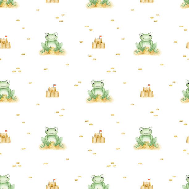 可爱的青蛙坐在沙滩上堆沙堡。水彩无缝图案在一个白色的背景。用于婴儿沐浴，纺织品，托儿所装饰，包装，包装纸和剪贴簿图片下载