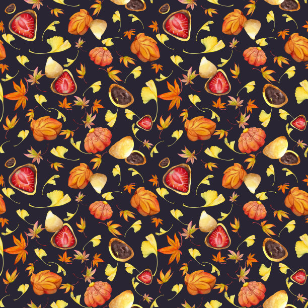 水彩无缝图案与手绘传统日本糖果。和木、麻糬、秋天的枫叶。孤立的彩色背景。请柬，餐厅菜单，贺卡，印刷品，纺织品图片下载