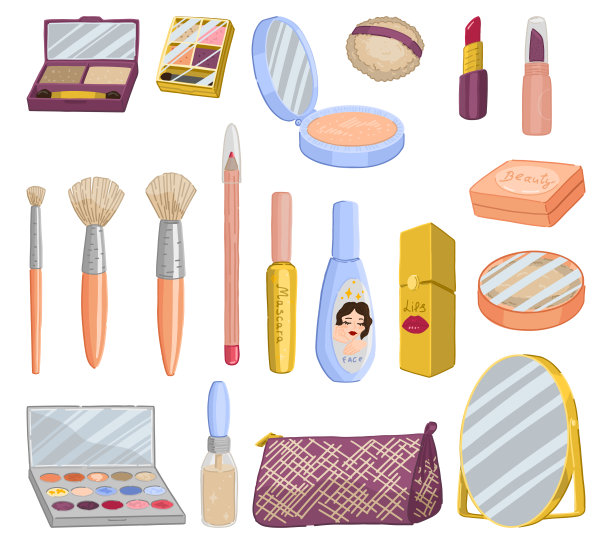 化妆包剪贴画。化妆涂鸦收藏。卡通风格的矢量插图设置孤立的白色背景。图片下载