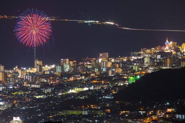 日本大分县别府市夜景烟花图片下载
