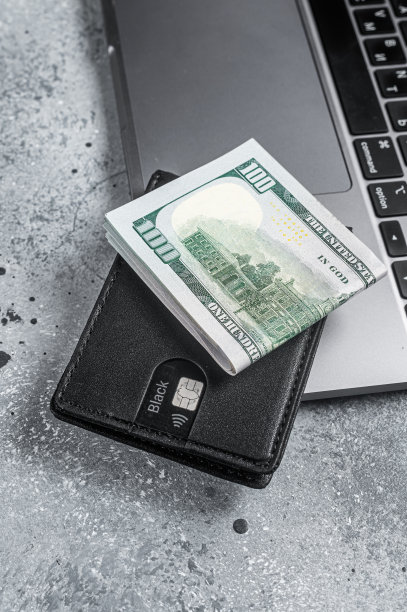 工作场所用时髦的皮夹装钱，笔记本电脑。灰色的背景。前视图。本空间图片下载