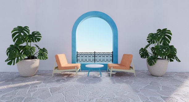 海滩别墅，酒店度假村的房间和椅子看着窗外靠近大海和天空，完美的放松。豪华3d渲染海景。图片下载