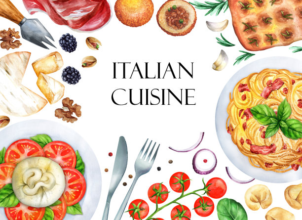 意大利语菜单设计模板。水彩插图图片下载