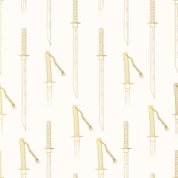 武士武器的无缝图案。金色矢量背景与日本刀的纺织品，纹理和包装纸。图片下载