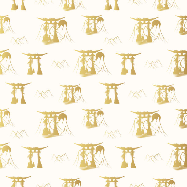 金色鸟居门、太阳、盆景树与高山无缝衔接的图案。日本手绘矢量东方背景的纺织品，纹理和包装纸。图片下载