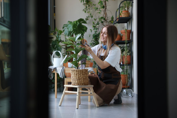 可爱的家庭主妇，花盆里有花，还有园艺套装图片下载