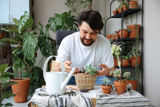 年轻人在花盆里放着花，还有一套园艺用具图片下载