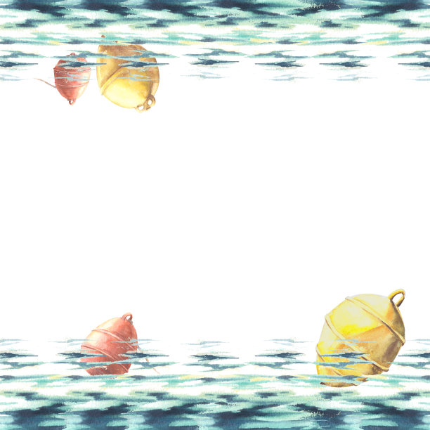 水彩框架红色和黄色的浮标在海上手绘插图在白色的背景图片下载